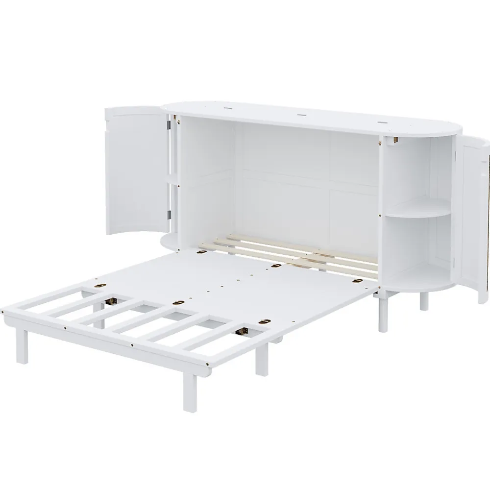 Lit 140x200 cm avec portes en rotin, design gain de place, rangements latéraux intégrés, finition blanche>Redom New