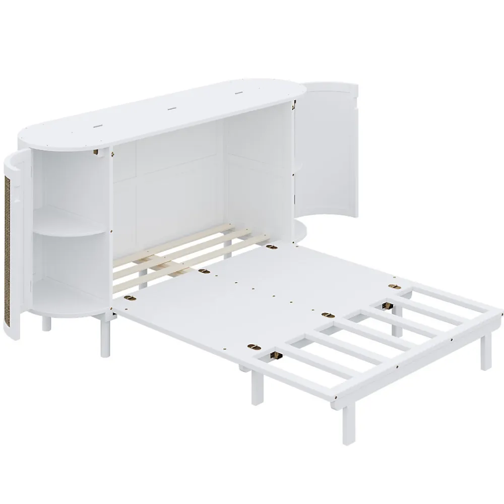 Lit 140x200 cm avec portes en rotin, design gain de place, rangements latéraux intégrés, finition blanche>Redom New