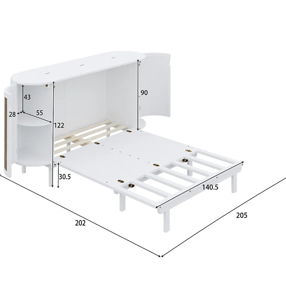 Lit 140x200 cm avec portes en rotin, design gain de place, rangements latéraux intégrés, finition blanche>Redom New