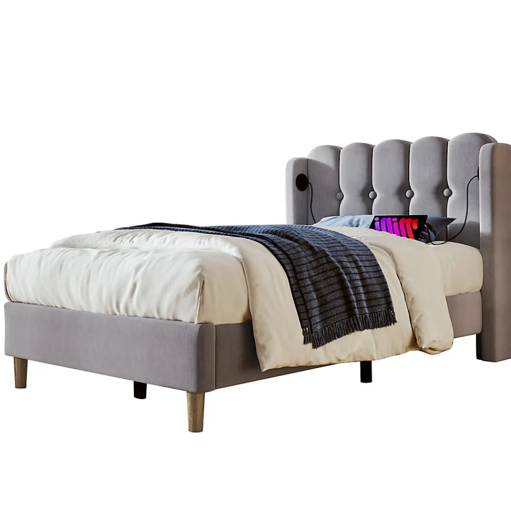 Lit 90x200 cm avec ports USB et Type C tête de lit à panneaux tapissée lin gris cadre rembourré robuste>Redom Discount