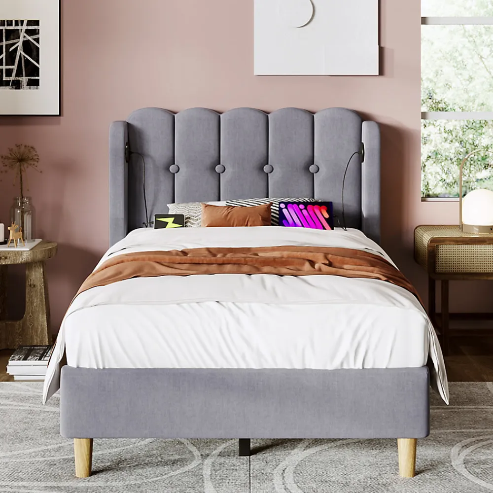 Lit 90x200 cm avec ports USB et Type C tête de lit à panneaux tapissée lin gris cadre rembourré robuste>Redom Discount