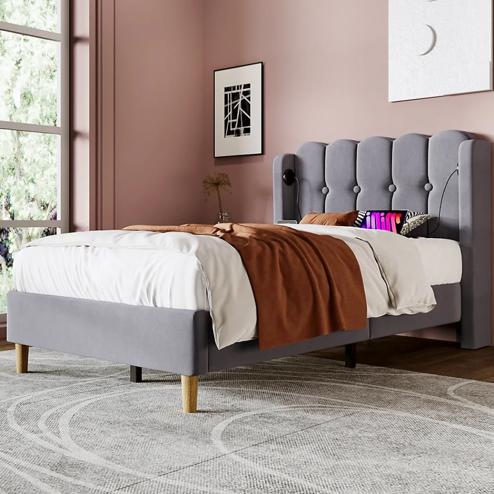 Lit 90x200 cm avec ports USB et Type C tête de lit à panneaux tapissée lin gris cadre rembourré robuste>Redom Discount