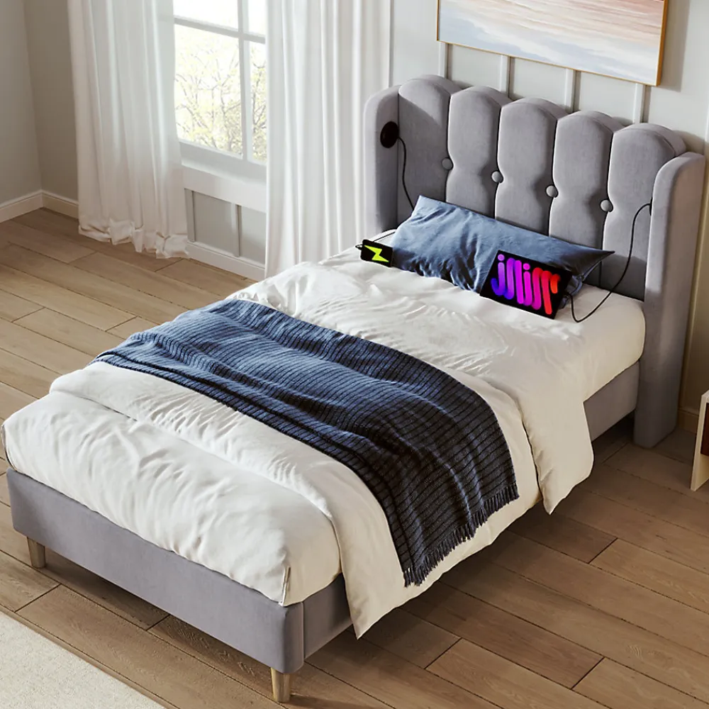 Lit 90x200 cm avec ports USB et Type C tête de lit à panneaux tapissée lin gris cadre rembourré robuste>Redom Discount