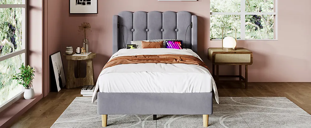 Lit 90x200 cm avec ports USB et Type C tête de lit à panneaux tapissée lin gris cadre rembourré robuste>Redom Discount