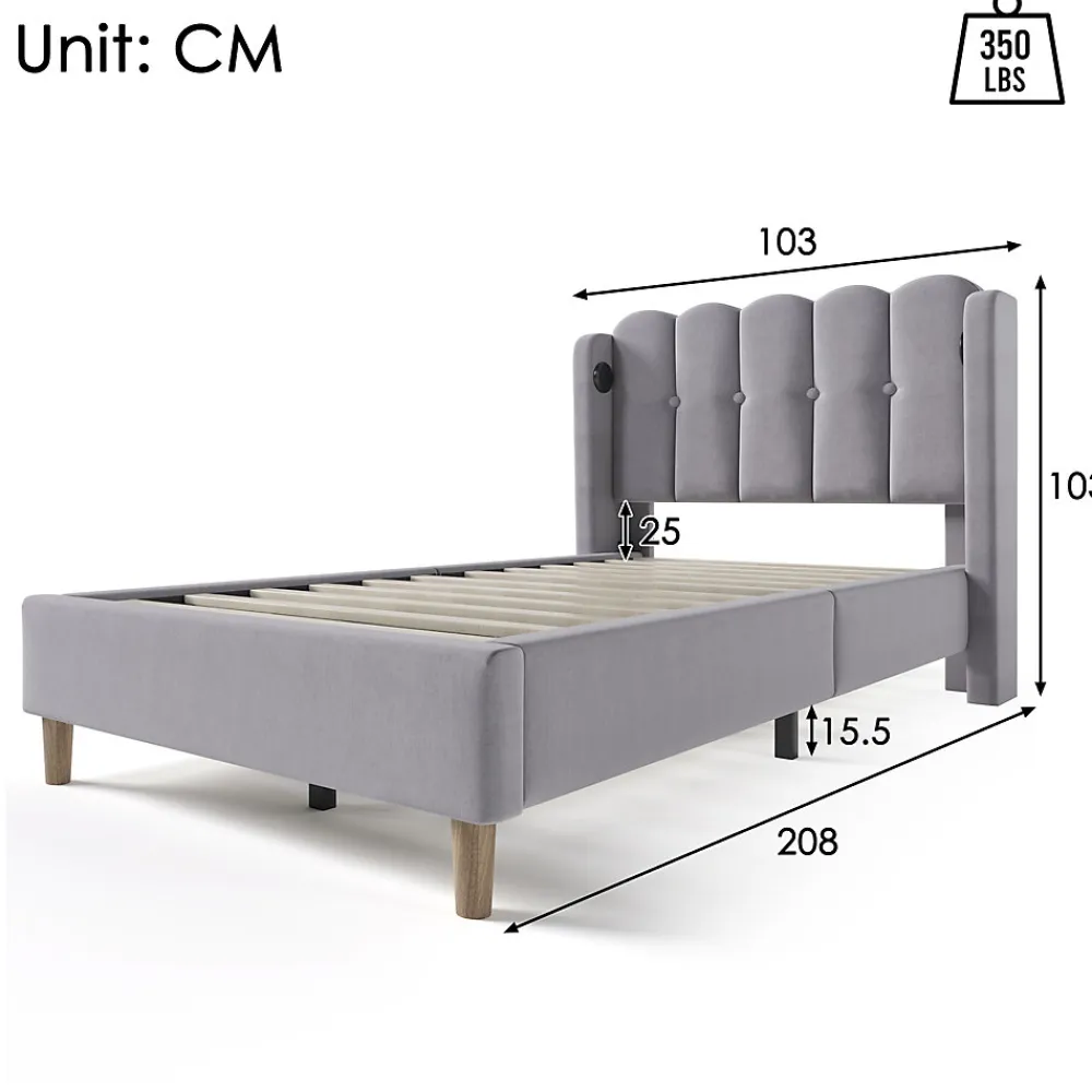 Lit 90x200 cm avec ports USB et Type C tête de lit à panneaux tapissée lin gris cadre rembourré robuste>Redom Discount