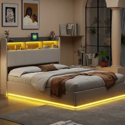 Lit 140x200 cm, avec quatre tiroirs, éclairage LED réglable, 2 USB et 1 fonction de charge tpcy-c, flanelle, Gris><noscript><img width=