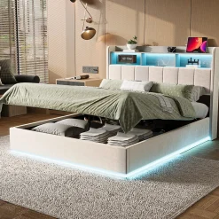 Fortuna lai Lit 160x200 cm, avec quatre tiroirs, éclairage LED réglable, 2 USB et 1 fonction de charge tpcy-c, flanelle, Gris* Lit Coffre