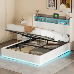 Fortuna lai Lit 160x200 cm, avec quatre tiroirs, éclairage LED réglable, 2 USB et 1 fonction de charge tpcy-c, flanelle, Gris* Lit Coffre