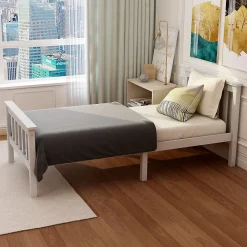 Redom Lit 90x200 cm avec rangement bas et sommier à lattes, cadre pin massif blanc design minimaliste* Ensemble Sommier Et Matelas
