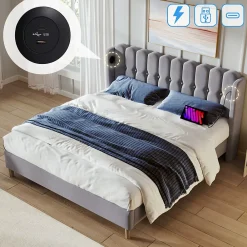 Redom Lit 140x200 cm avec rangement d'appoint et tête de lit tapissée en lin gris, charge USB-C intégrée* Ensemble Sommier Et Matelas