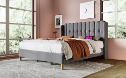 Redom Lit 140x200 cm avec rangement d'appoint et tête de lit tapissée en lin gris, charge USB-C intégrée* Ensemble Sommier Et Matelas