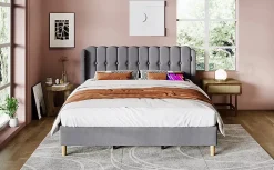 Redom Lit 140x200 cm avec rangement d'appoint et tête de lit tapissée en lin gris, charge USB-C intégrée* Ensemble Sommier Et Matelas
