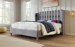 Redom Lit 140x200 cm avec rangement d'appoint et tête de lit tapissée en lin gris, charge USB-C intégrée* Ensemble Sommier Et Matelas