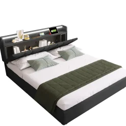 Lit 140x200 cm avec rangement et tete de lit equipee de prises USB Type C, LED RGBW, tapisse lin gris>Redom Hot