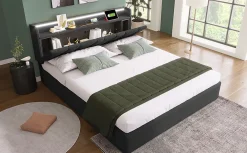 Lit 140x200 cm avec rangement et tete de lit equipee de prises USB Type C, LED RGBW, tapisse lin gris><noscript><img width=