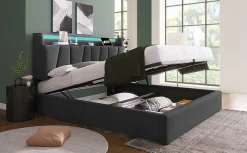 Lit 140x200 cm avec rangement et tete de lit equipee de prises USB Type C, LED RGBW, tapisse lin gris><noscript><img width=