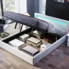 Lit 140x200 cm avec rangement et tête de lit rembourrée éclairée, revêtement PU blanc, cadre MDF>Redom Sale