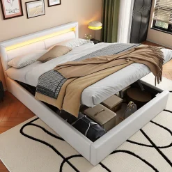 Lit 140x200 cm avec rangement et tête de lit rembourrée éclairée, revêtement PU blanc, cadre MDF>Redom Sale