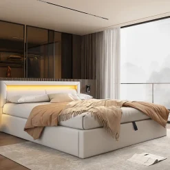 Lit 140x200 cm avec rangement et tête de lit rembourrée éclairée, revêtement PU blanc, cadre MDF><noscript><img width=