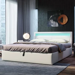 Lit 140x200 cm avec rangement et tête de lit rembourrée éclairée, revêtement PU blanc, cadre MDF><noscript><img width=