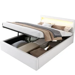 Lit 140x200 cm avec rangement et tête de lit rembourrée éclairée, revêtement PU blanc, cadre MDF><noscript><img width=