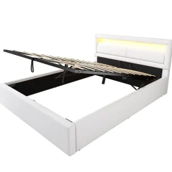 Lit 140x200 cm avec rangement et tête de lit rembourrée éclairée, revêtement PU blanc, cadre MDF><noscript><img width=