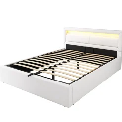 Lit 140x200 cm avec rangement et tête de lit rembourrée éclairée, revêtement PU blanc, cadre MDF><noscript><img width=