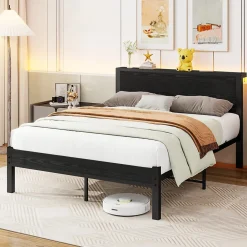 Lit 140x200 cm avec rangement et tête de lit en MDF, cadre métal noir, design moderne et intemporel>Redom Best