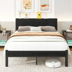 Lit 140x200 cm avec rangement et tête de lit en MDF, cadre métal noir, design moderne et intemporel><noscript><img width=