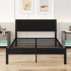 Lit 140x200 cm avec rangement et tête de lit en MDF, cadre métal noir, design moderne et intemporel><noscript><img width=