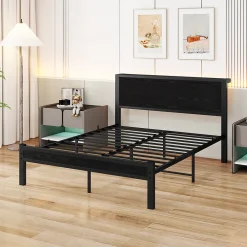 Lit 140x200 cm avec rangement et tête de lit en MDF, cadre métal noir, design moderne et intemporel><noscript><img width=