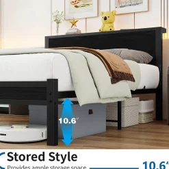 Lit 140x200 cm avec rangement et tête de lit en MDF, cadre métal noir, design moderne et intemporel><noscript><img width=