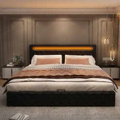 Lit 140x200 cm avec rangement et tête de lit rembourrée, éclairage LED réglable, revêtement PU noir>Redom New
