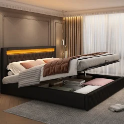 Lit 140x200 cm avec rangement et tête de lit rembourrée, éclairage LED réglable, revêtement PU noir><noscript><img width=