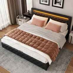Lit 140x200 cm avec rangement et tête de lit rembourrée, éclairage LED réglable, revêtement PU noir><noscript><img width=
