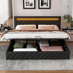 Lit 140x200 cm avec rangement et tête de lit rembourrée, éclairage LED réglable, revêtement PU noir><noscript><img width=