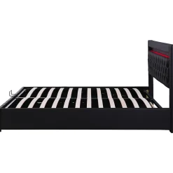 Lit 140x200 cm avec rangement et tête de lit rembourrée, éclairage LED réglable, revêtement PU noir><noscript><img width=