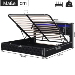 Lit 140x200 cm avec rangement et tête de lit rembourrée, éclairage LED réglable, revêtement PU noir><noscript><img width=