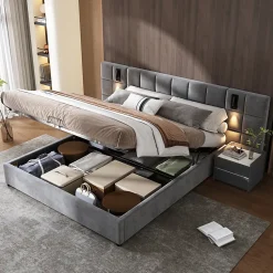 Redom Lit 160x200 cm avec rangement hydraulique et tête de lit capitonnée en velours gris, cadre acier robuste* Lit Avec Rangement