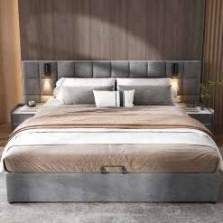 Redom Lit 160x200 cm avec rangement hydraulique et tête de lit capitonnée en velours gris, cadre acier robuste* Lit Avec Rangement