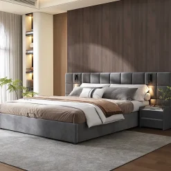Redom Lit 160x200 cm avec rangement hydraulique et tête de lit capitonnée en velours gris, cadre acier robuste* Lit Avec Rangement