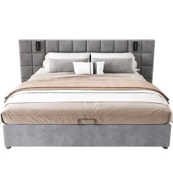 Redom Lit 160x200 cm avec rangement hydraulique et tête de lit capitonnée en velours gris, cadre acier robuste* Lit Avec Rangement