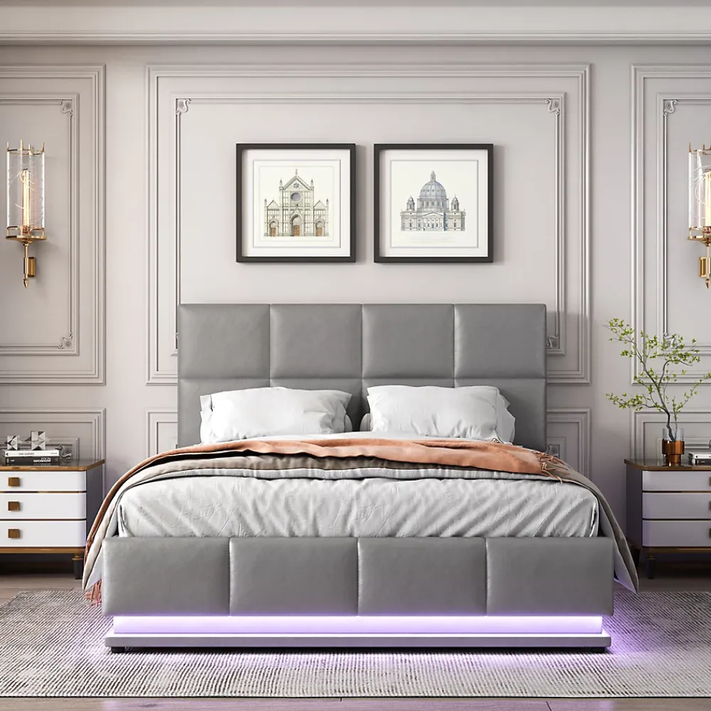 Redom Lit 140x200 cm avec rangement hydraulique et éclairage LED, tapissé simili cuir gris, cadre métal robuste* Lit Avec Rangement