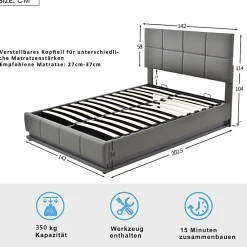 Redom Lit 140x200 cm avec rangement hydraulique et éclairage LED, tapissé simili cuir gris, cadre métal robuste* Lit Avec Rangement