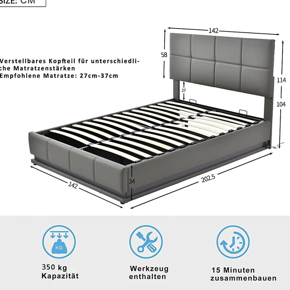 Redom Lit 140x200 cm avec rangement hydraulique et éclairage LED, tapissé simili cuir gris, cadre métal robuste* Lit Avec Rangement