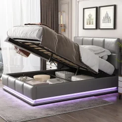 Redom Lit 140x200 cm avec rangement hydraulique et éclairage LED, tapissé simili cuir gris, cadre métal robuste* Lit Avec Rangement