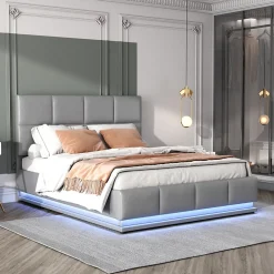 Redom Lit 140x200 cm avec rangement hydraulique et éclairage LED, tapissé simili cuir gris, cadre métal robuste* Lit Avec Rangement
