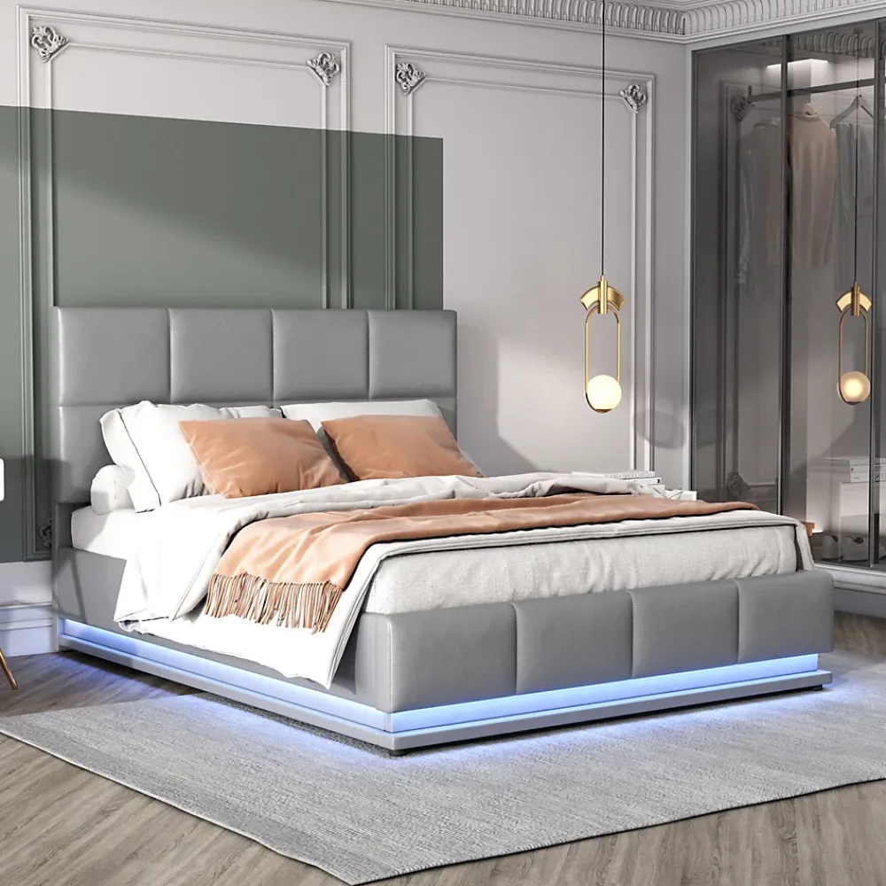 Redom Lit 140x200 cm avec rangement hydraulique et éclairage LED, tapissé simili cuir gris, cadre métal robuste* Lit Avec Rangement