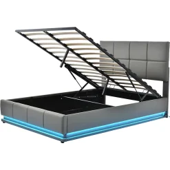 Redom Lit 140x200 cm avec rangement hydraulique et éclairage LED, tapissé simili cuir gris, cadre métal robuste* Lit Avec Rangement