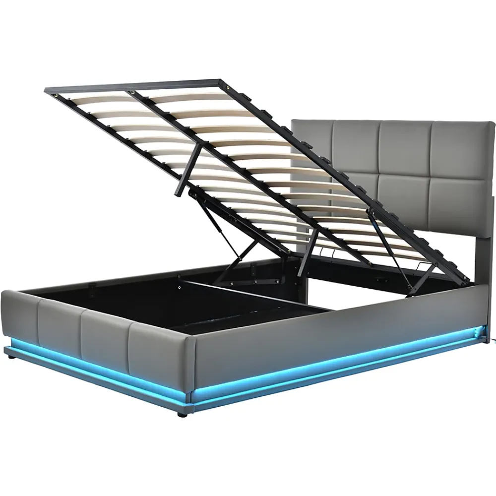 Redom Lit 140x200 cm avec rangement hydraulique et éclairage LED, tapissé simili cuir gris, cadre métal robuste* Lit Avec Rangement